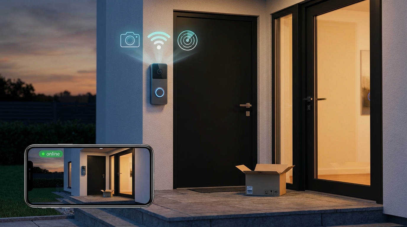 Smart video doorbell on front porch delivering live feed for home security.