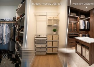 Organized custom closet with shelves, rods, and accessories showcasing budget-friendly upgrades