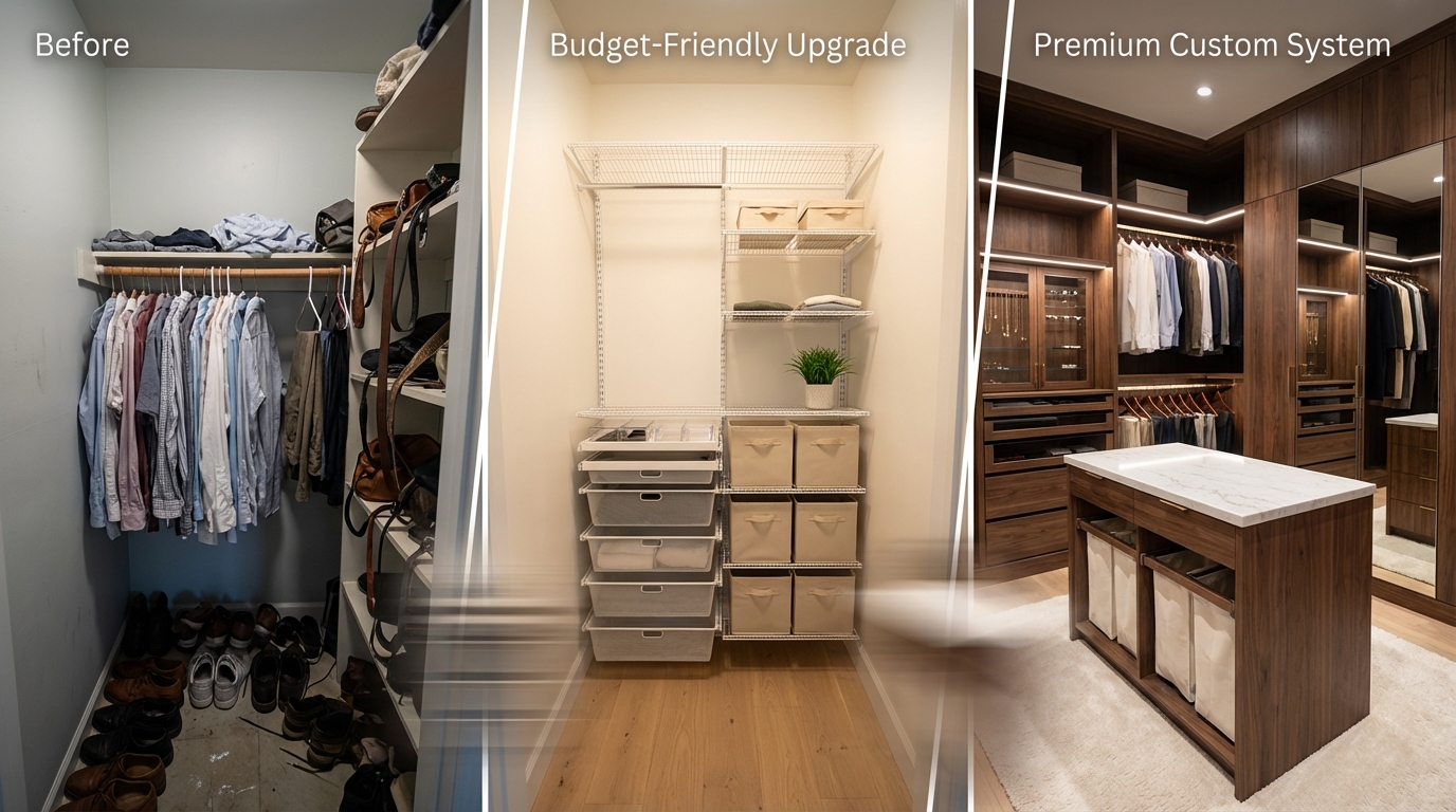 Organized custom closet with shelves, rods, and accessories showcasing budget-friendly upgrades