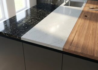 Selection of durable kitchen countertops: granite, quartz, marble, and laminate surfaces.