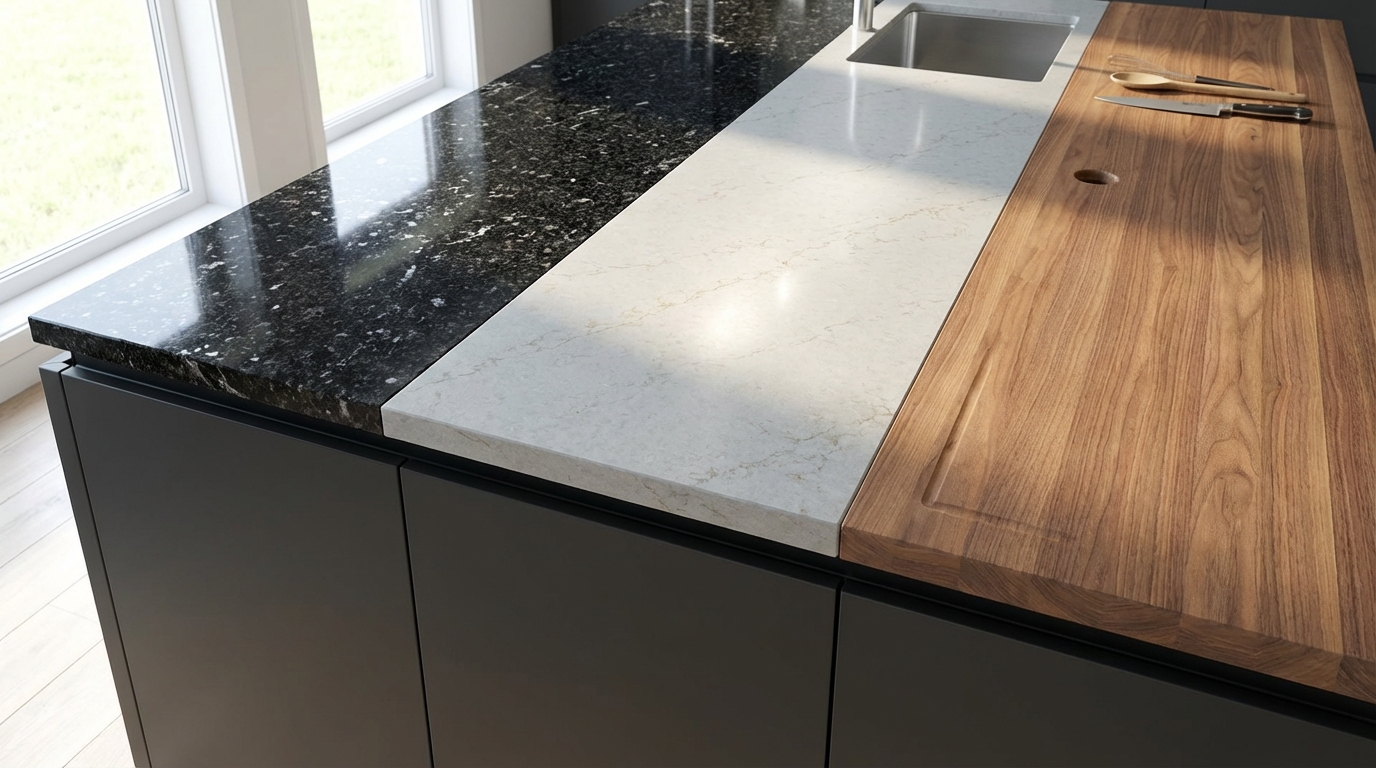 Selection of durable kitchen countertops: granite, quartz, marble, and laminate surfaces.