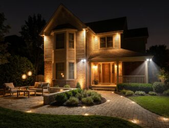 Elegant backyard at night illuminated by soft outdoor lights, highlighting safety and ambiance