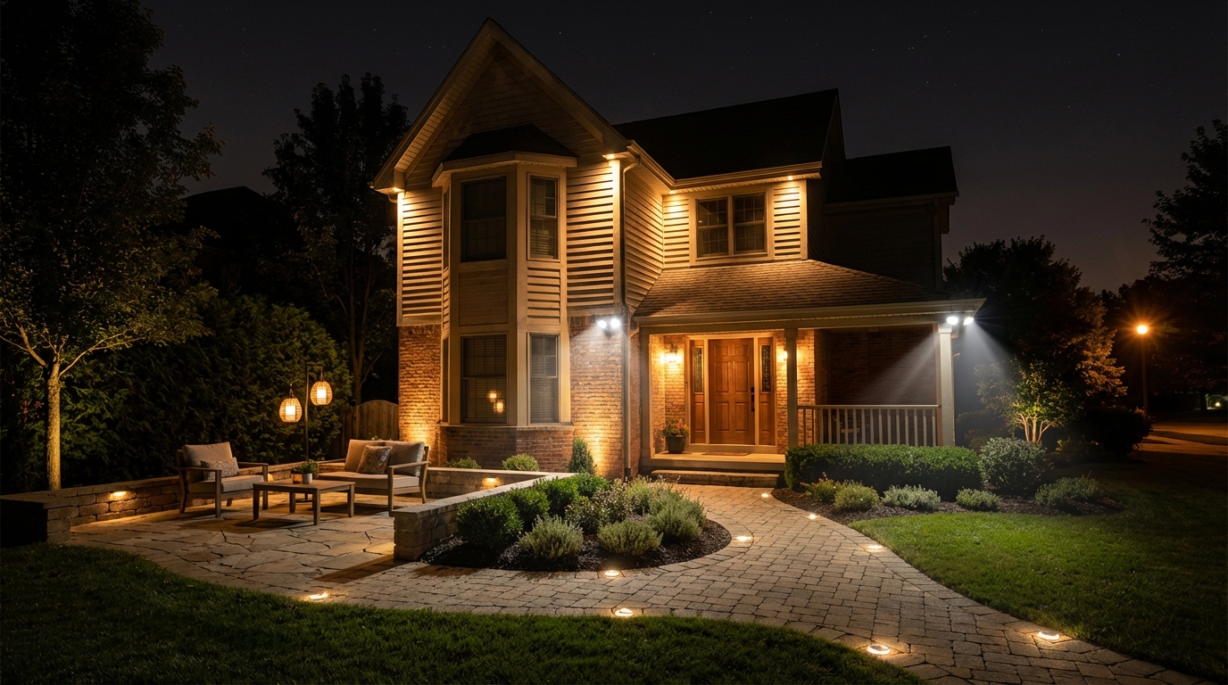 Elegant backyard at night illuminated by soft outdoor lights, highlighting safety and ambiance