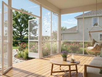 Spacious screened porch with cozy furniture, showing bug‑free view of garden and sky.