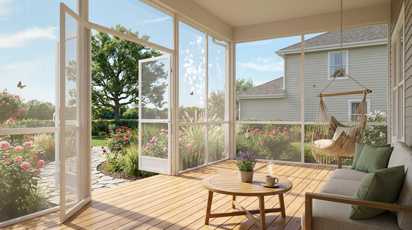 Spacious screened porch with cozy furniture, showing bug‑free view of garden and sky.