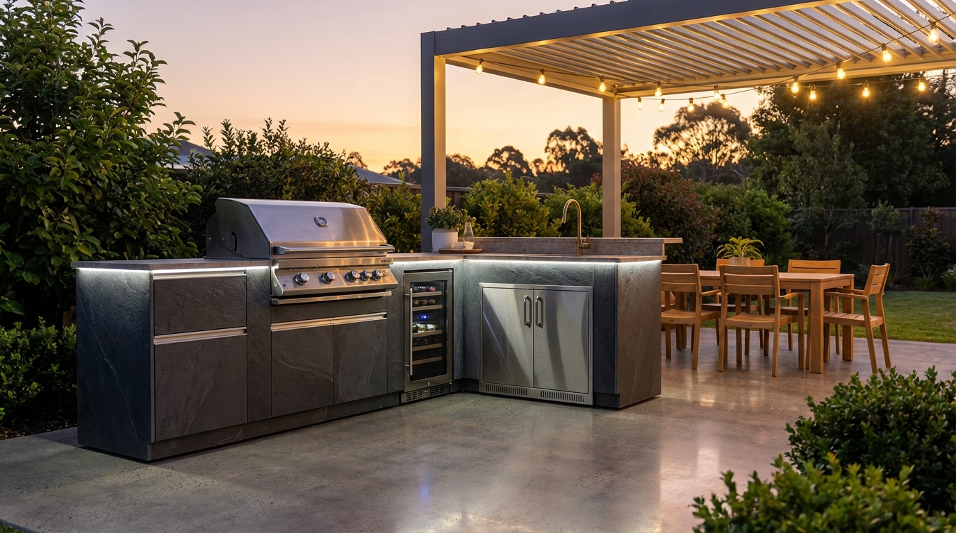 Modern outdoor kitchen with grill, sink, stone countertops and seating area in backyard.