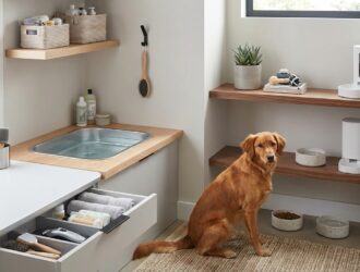 Dedicated pet grooming station and feeding area with sleek organization