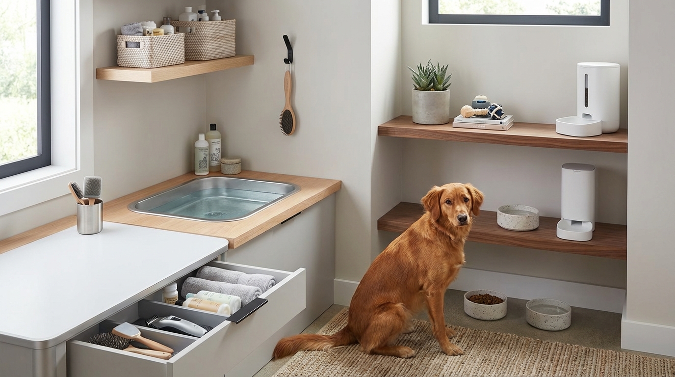 Dedicated pet grooming station and feeding area with sleek organization