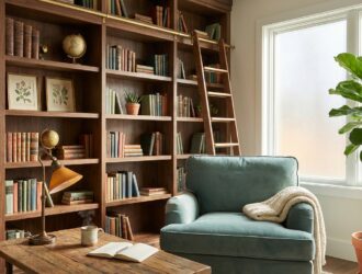 Cozy home library built‑in shelves with a comfortable reading nook and soft lighting.