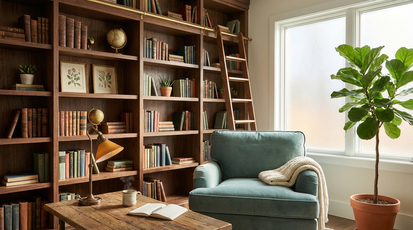 Cozy home library built‑in shelves with a comfortable reading nook and soft lighting.