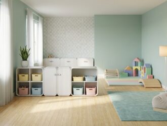 Bright playroom renovation with safe flooring, playful colors, and easy‑clean storage.