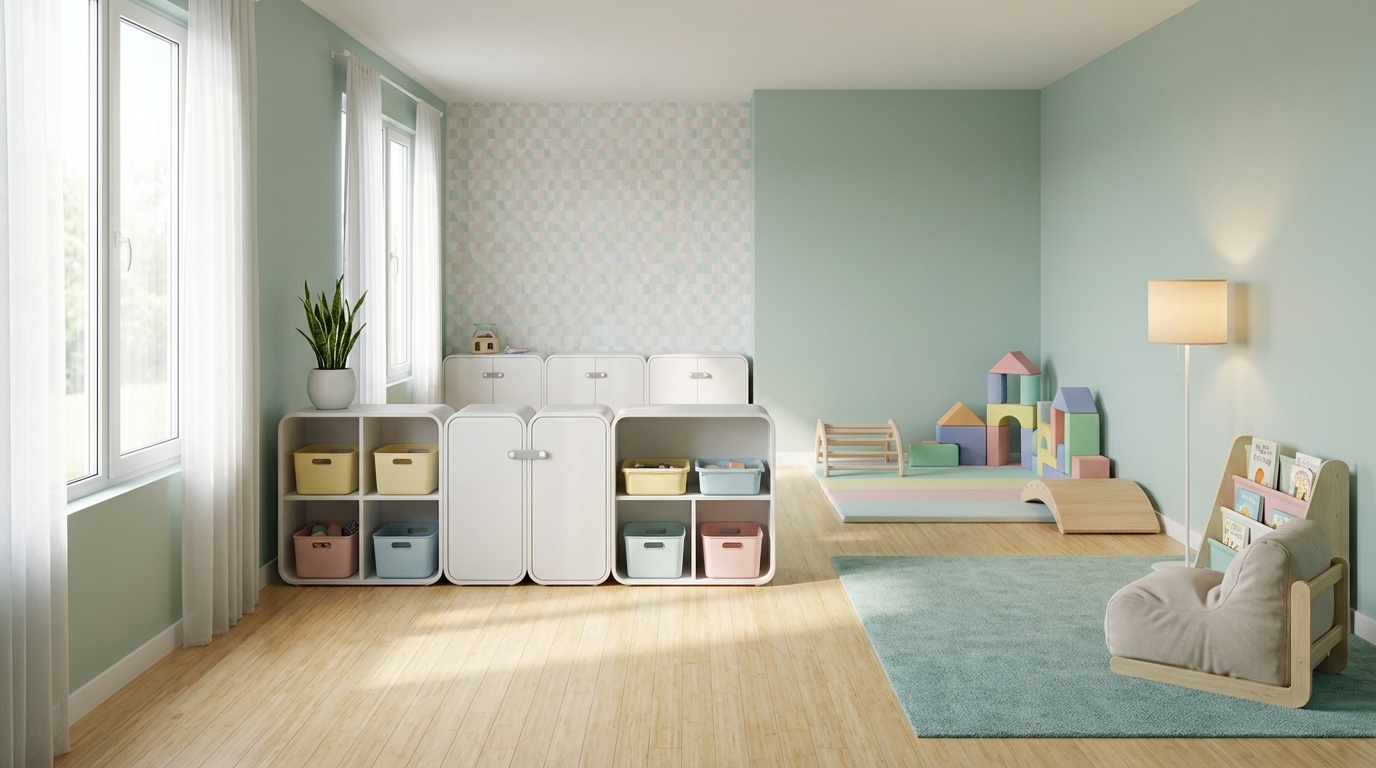 Bright playroom renovation with safe flooring, playful colors, and easy‑clean storage.