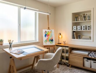 Bright home art studio with organized storage, easel, natural lighting, and functional layout