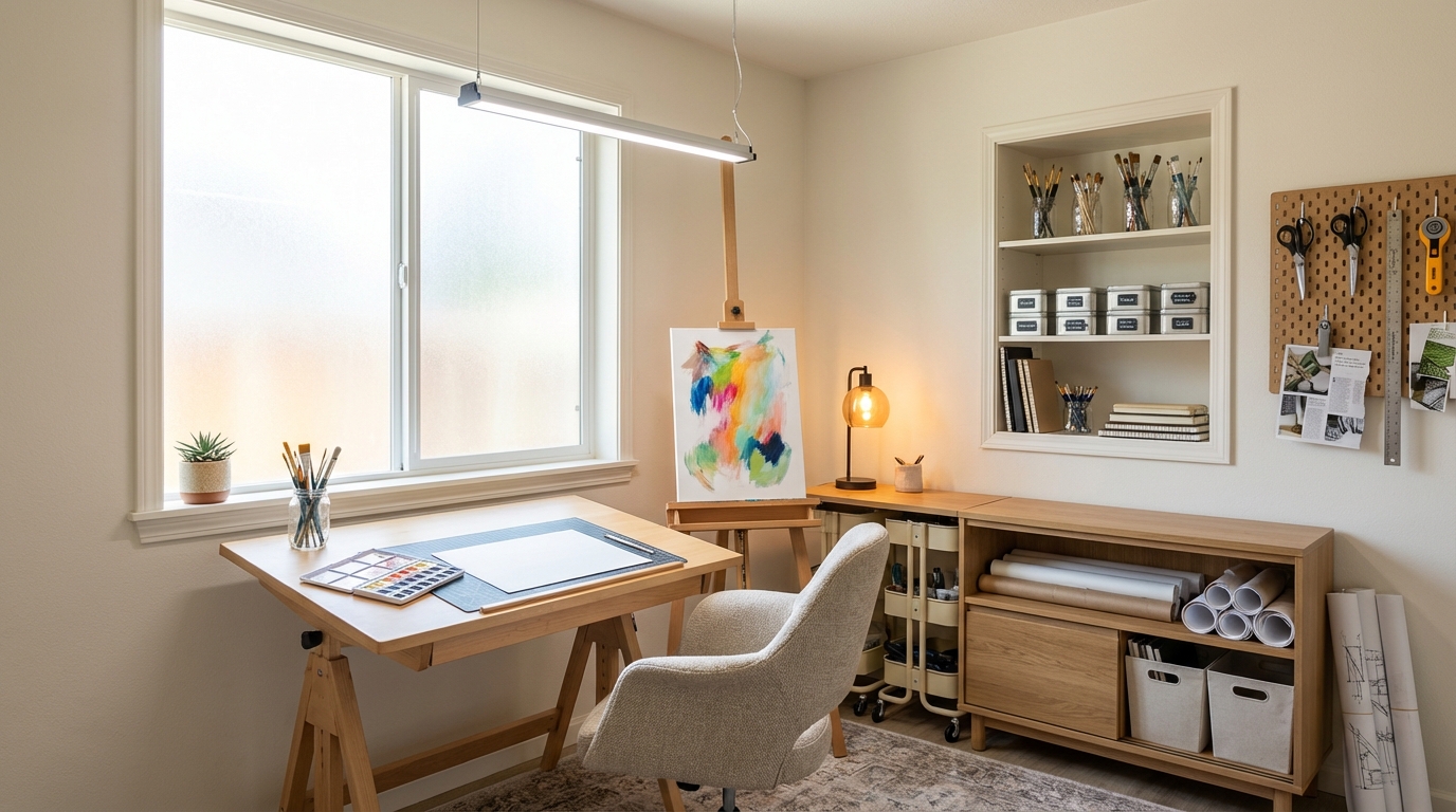 Bright home art studio with organized storage, easel, natural lighting, and functional layout