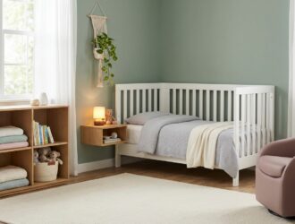 Serene nursery with soft neutral colors, sleek storage, and cozy crib for a calm baby room.