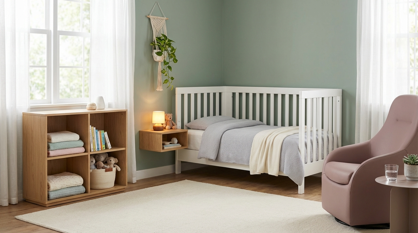Serene nursery with soft neutral colors, sleek storage, and cozy crib for a calm baby room.