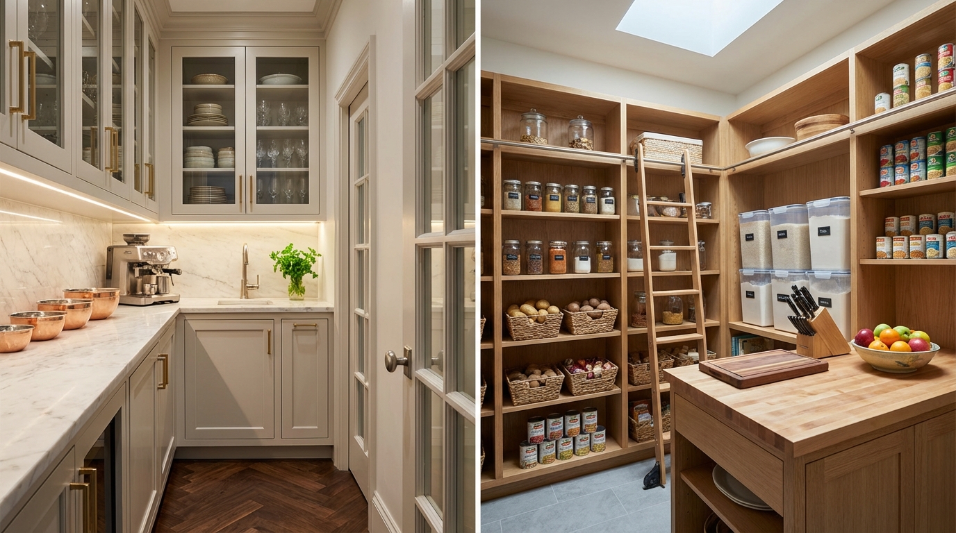 Butler's pantry vs walk‑in pantry comparison: sleek kitchen storage options.
