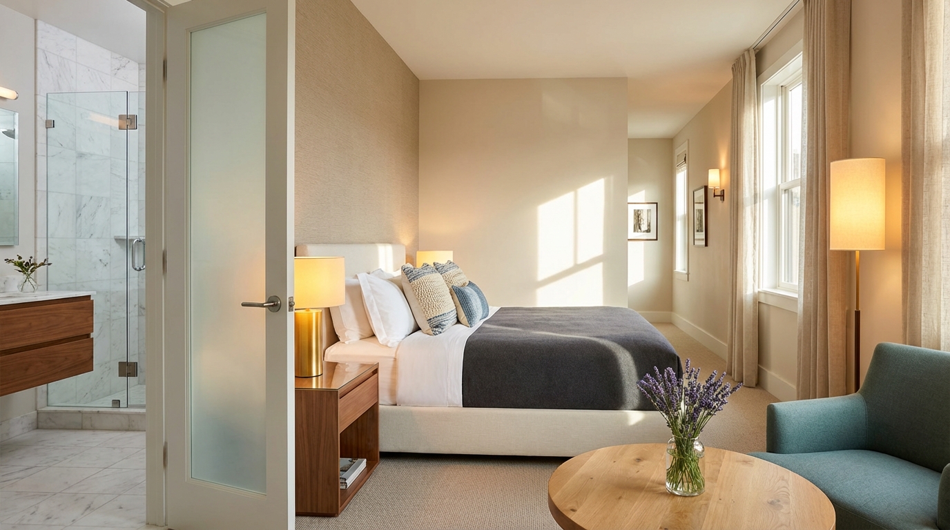 Cozy guest suite with private bedroom and bathroom, offering a welcoming retreat for visitors.
