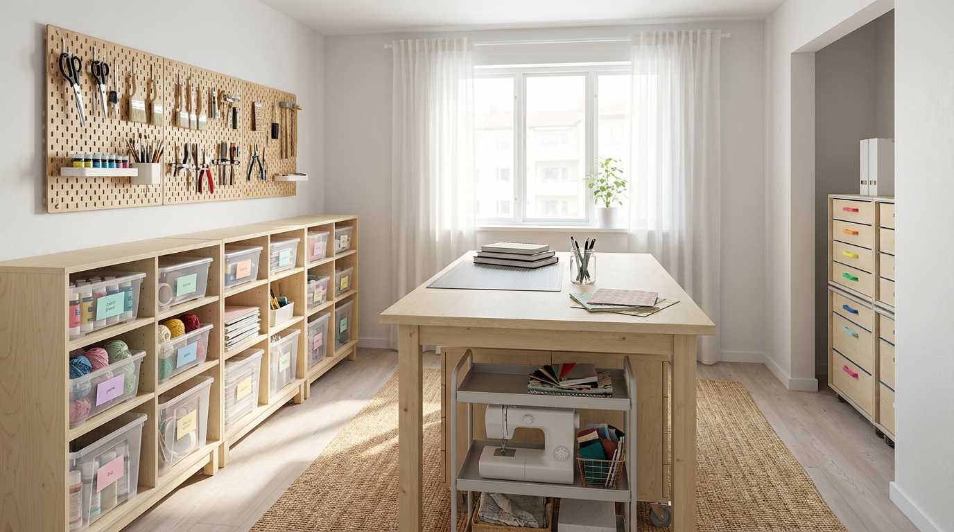 Organized craft room with shelving, bins, and work table in a bright hobby studio layout.