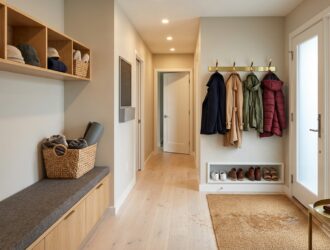 Functional mudroom with built‑in bench, hooks, shoe cubbies and stylish storage