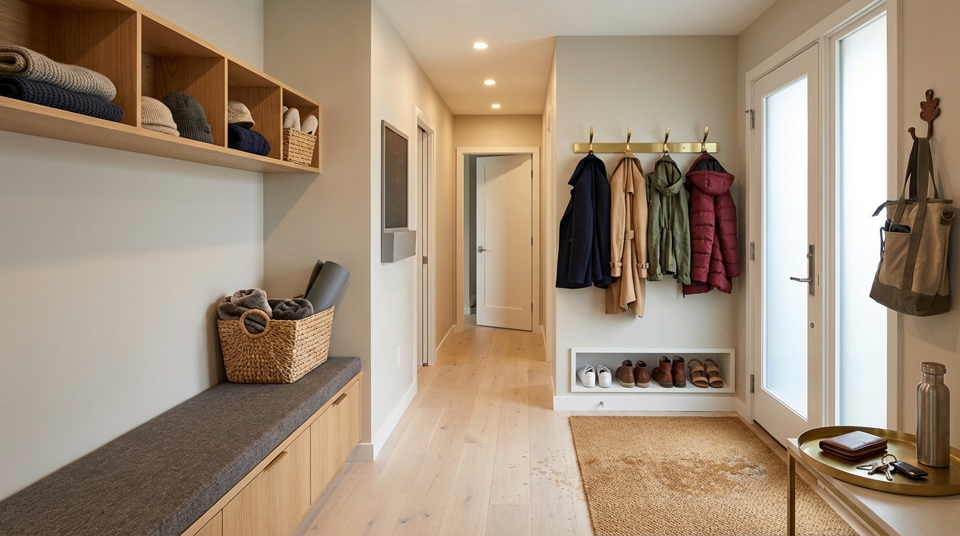 Functional mudroom with built‑in bench, hooks, shoe cubbies and stylish storage