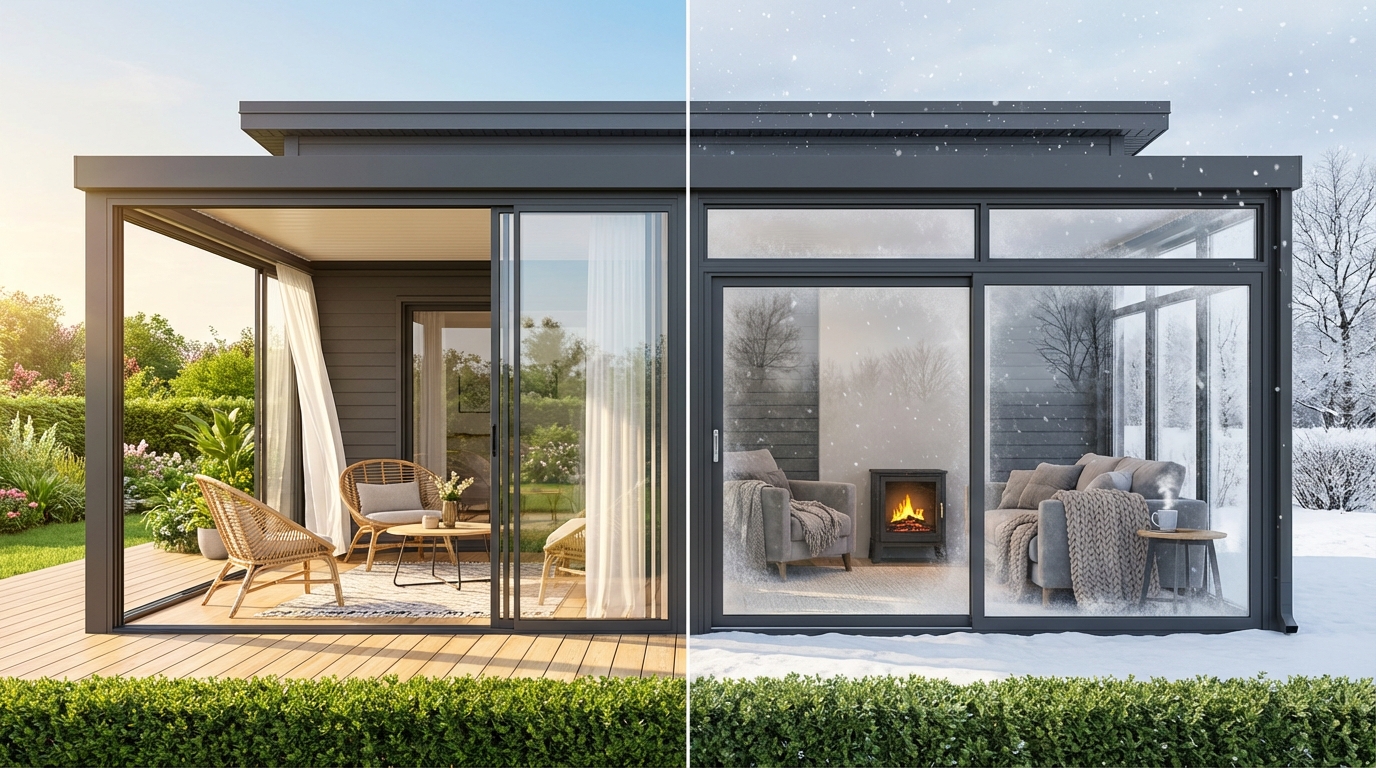 Sunroom with floor-to-ceiling windows showing three‑season and four‑season designs