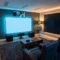 Home theater design with sleek speakers, plush seating, and stylish lighting