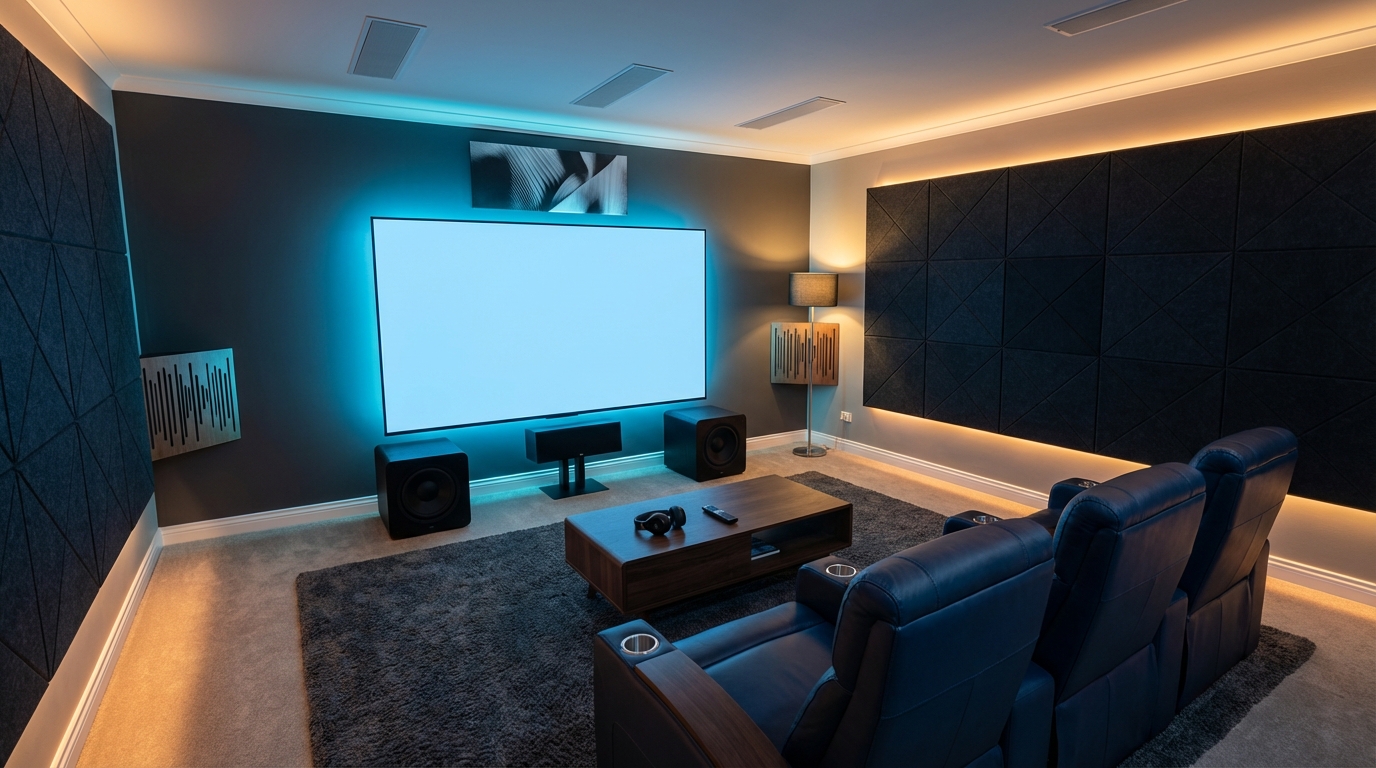 Home theater design with sleek speakers, plush seating, and stylish lighting