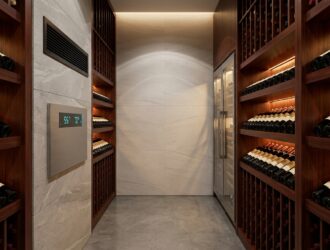 Modern wine cellar design with climate control system and sleek shelving