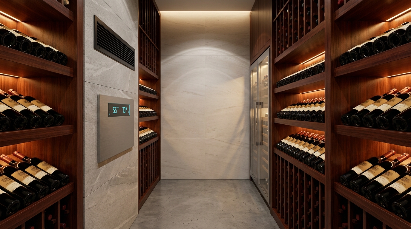 Modern wine cellar design with climate control system and sleek shelving