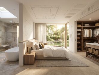 Luxury master suite design: bedroom, bathroom, walk‑in closet.
