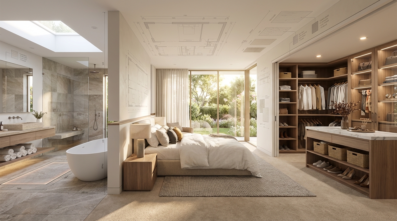Luxury master suite design: bedroom, bathroom, walk‑in closet.