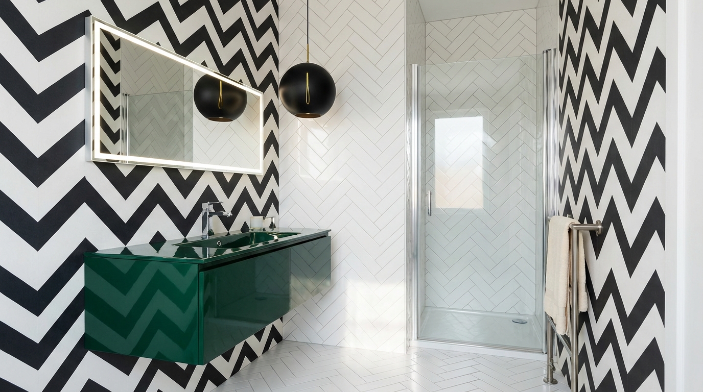 Bold wallpaper and sleek fixtures achieving max impact in tiny powder room.