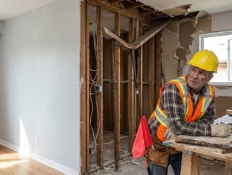 Renovation red flags: homeowner reviewing plans, spotting warning signs with contractor.