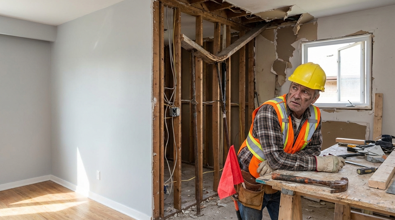 Renovation red flags: homeowner reviewing plans, spotting warning signs with contractor.