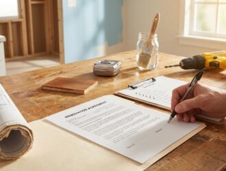 Home renovation contract with blueprint and pen on wooden table.