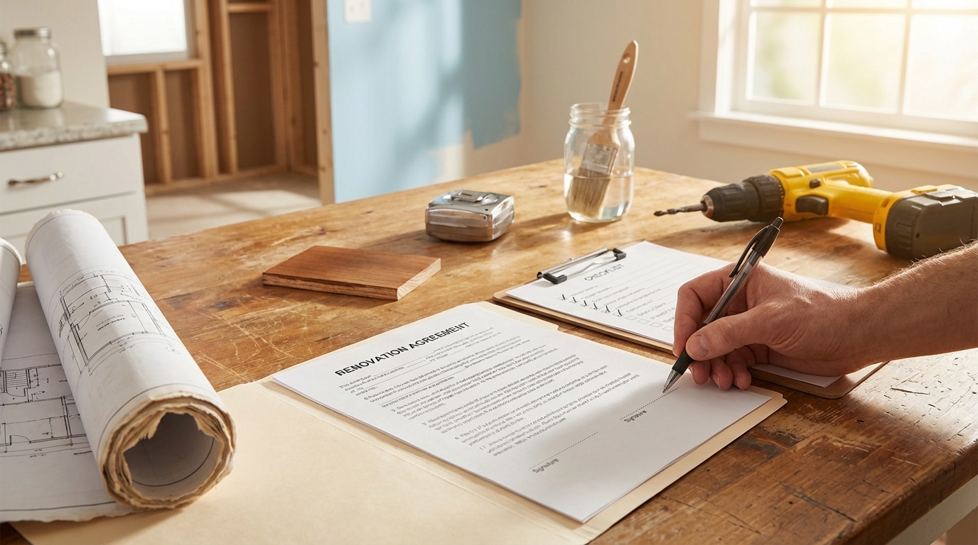 Home renovation contract with blueprint and pen on wooden table.