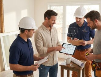 Homeowner discussing plans with renovation crew to ensure clear communication and smooth project