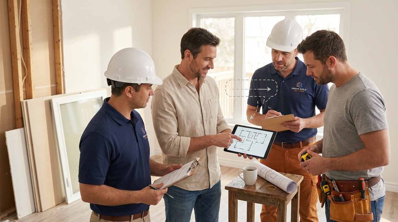 Homeowner discussing plans with renovation crew to ensure clear communication and smooth project