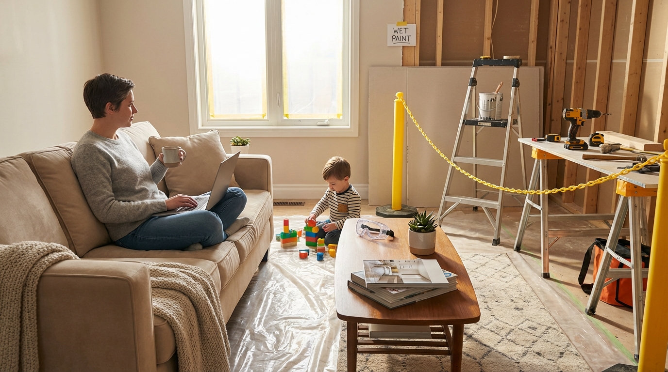 Homeowner watching remodel work in living room, dust and tools, living in house during renovations