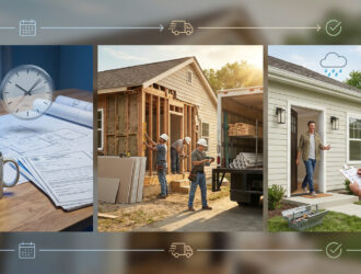 Home renovation blueprint with calendar and clock showing schedule influences.
