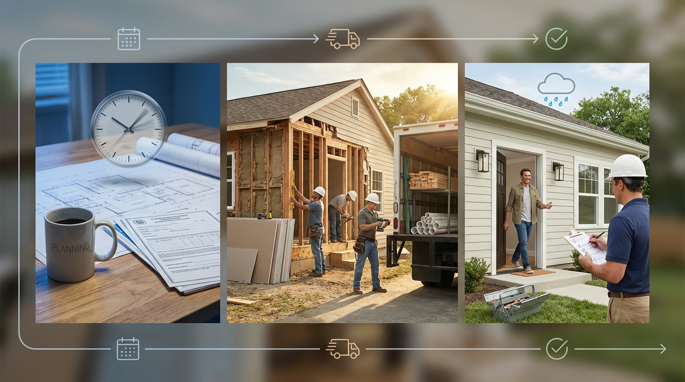 Home renovation blueprint with calendar and clock showing schedule influences.