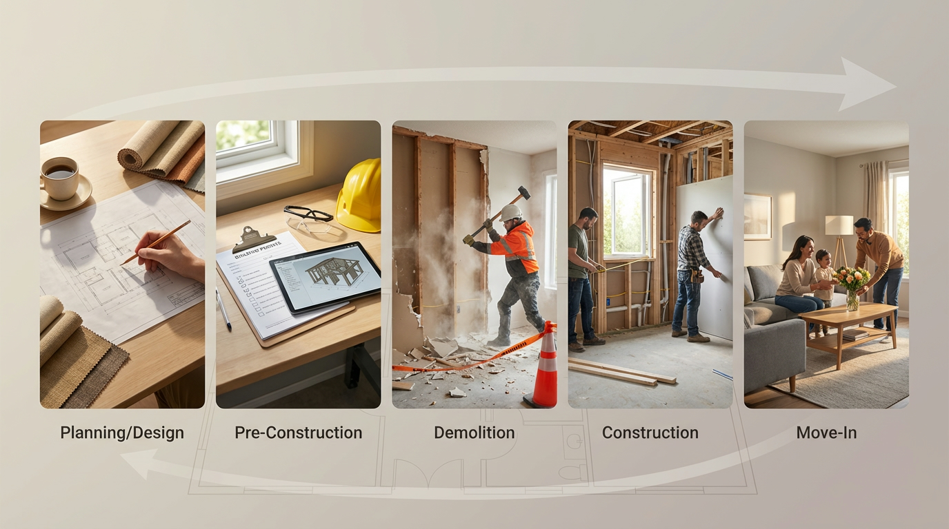 Home renovation timeline: demo, construction, finishing touches, and move‑in