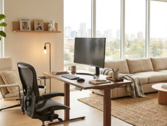 Modern home office with sleek desk, ergonomic chair, natural light, showing post‑pandemic design