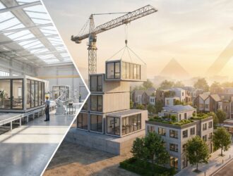 Modern modular prefab building units being assembled in a factory, illustrating industry shift.