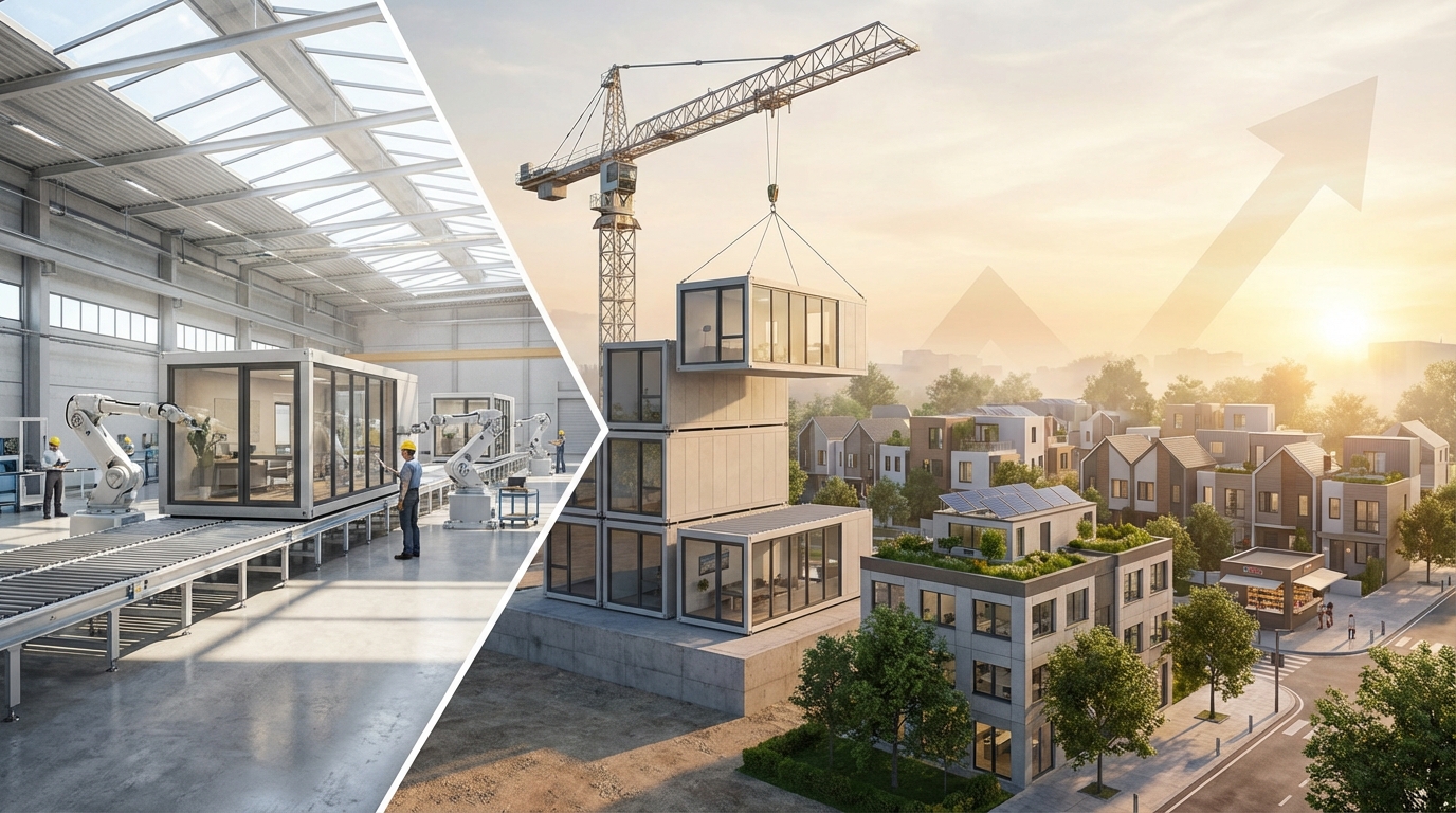 Modern modular prefab building units being assembled in a factory, illustrating industry shift.