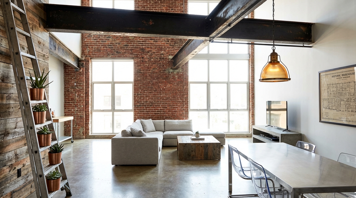 Industrial loft living room in modern home with exposed brick steel beams and vintage furnishings
