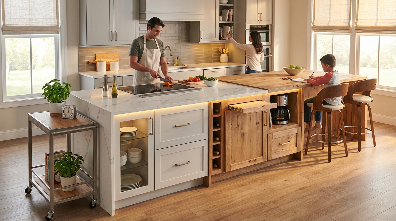 Trendy kitchen island with built‑in storage, seating, and sleek contemporary style