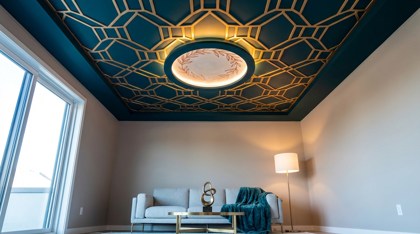Bold statement ceiling with vibrant paint, showcasing the “fifth wall” trend in modern homes.