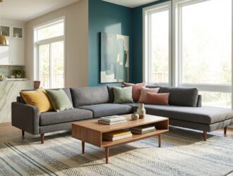 Modern living room showcasing 2026 interior color trends with bold paint palettes and stylish décor